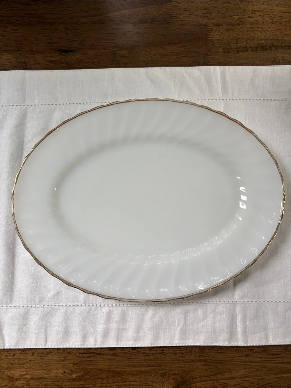 Vintage Anchor Hocking Milk Glass Serving Platter with Gold Rim